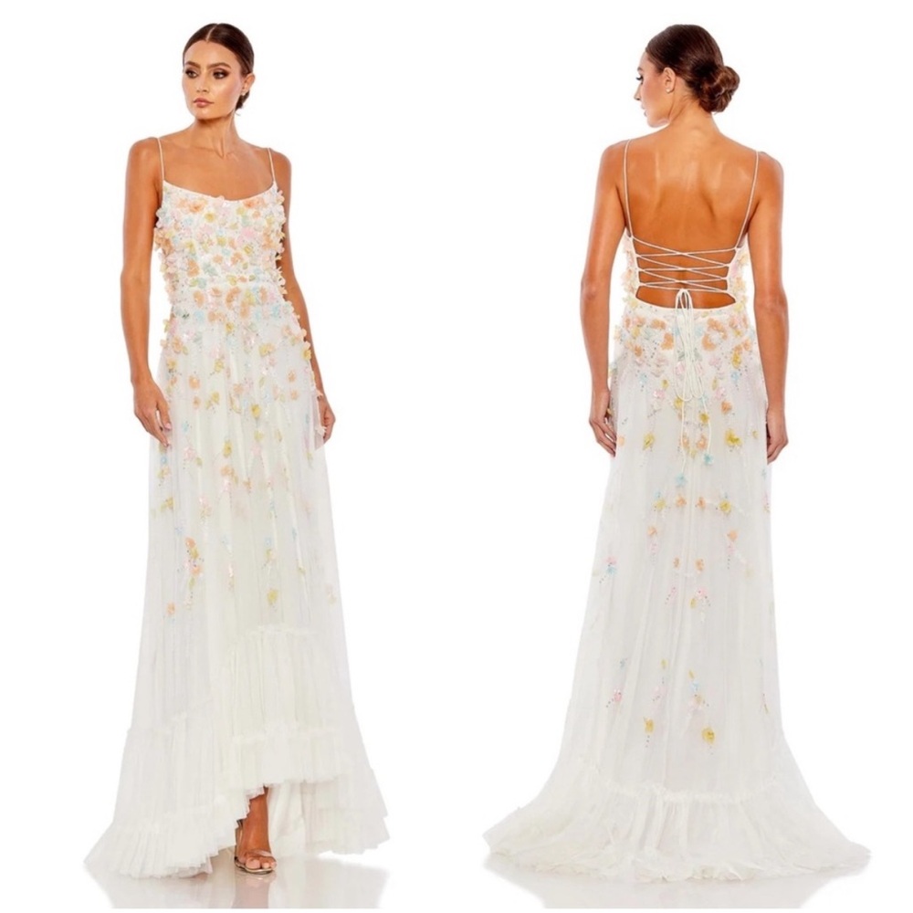 NWT Mac Duggal 9163 Beaded 3D Flower Cami Ruffled High Low Lace Up Gown Size 2